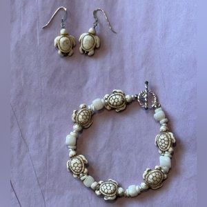 Ivory Carved Turtle Link Bracelet & Dangling Earring Set